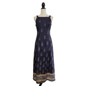 90s Helene Blake Black & Gold Floral Crinkle Maxi Dress Sz 3/4 Whimsigoth Grunge